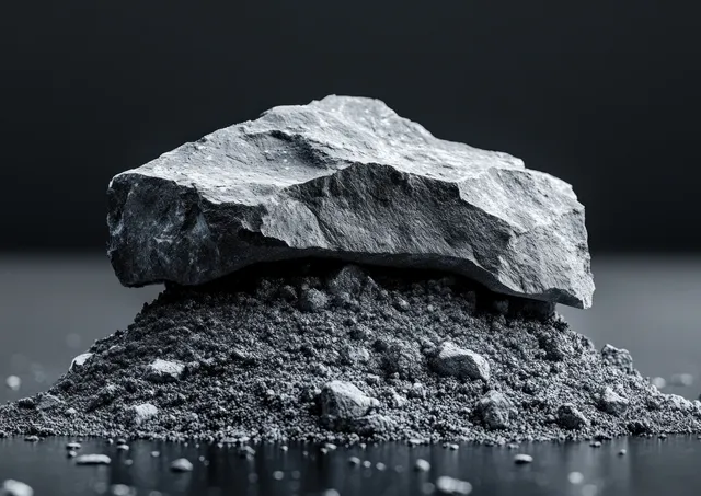 Gray dry cement mortar powder mound with a cracked stone sample on a clean white background.
