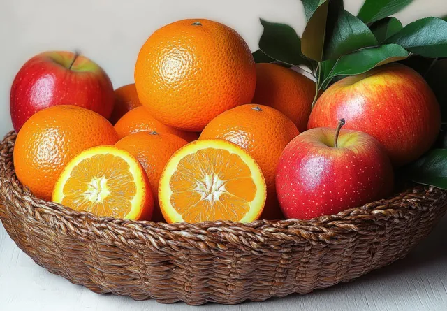 Fruit basket with apples and oranges in soft natural light
