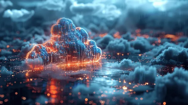 Glowing data cloud floats over rainy digital landscape, streaming orange network points