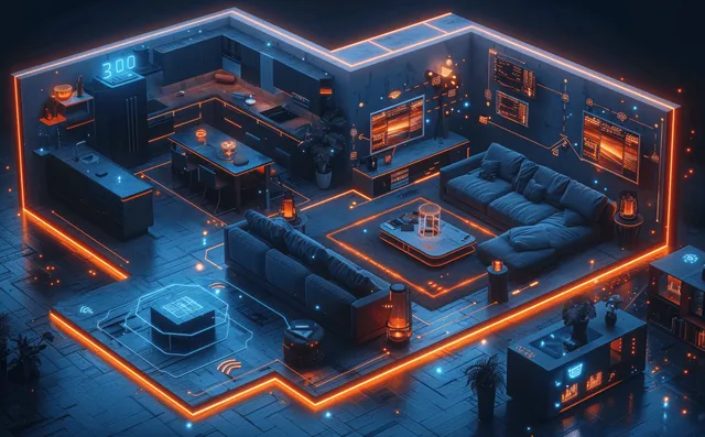 Glowing holographic interface overlays a living room scene with connected device panels and wireless control graphics.