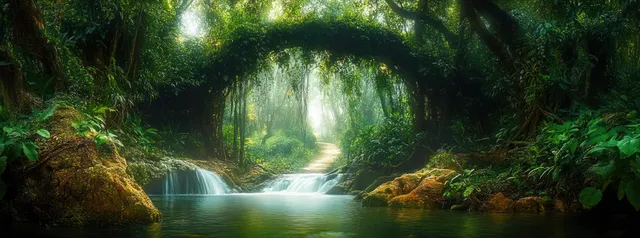 Sunlit waterfall streams into a calm river under dense forest canopy and misty air