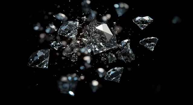 Shattered glass shards sparkle and float through a dark background with sharp reflective edges.