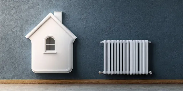 Small white house model and wall-mounted metal radiator against a dark blue textured wall with wooden baseboard.