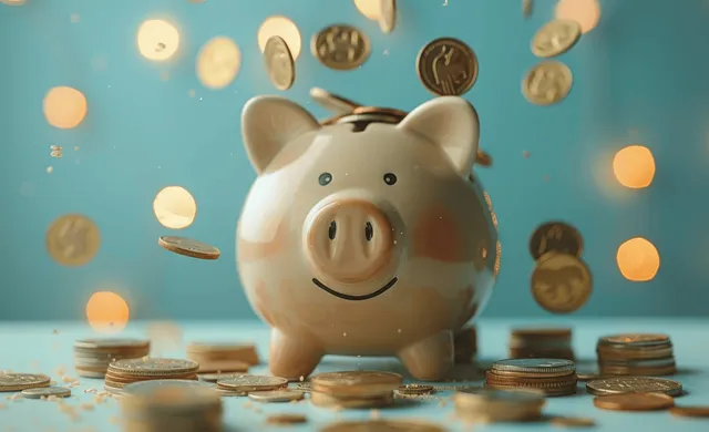 White piggy bank with gold coins falling into it on soft light blue background