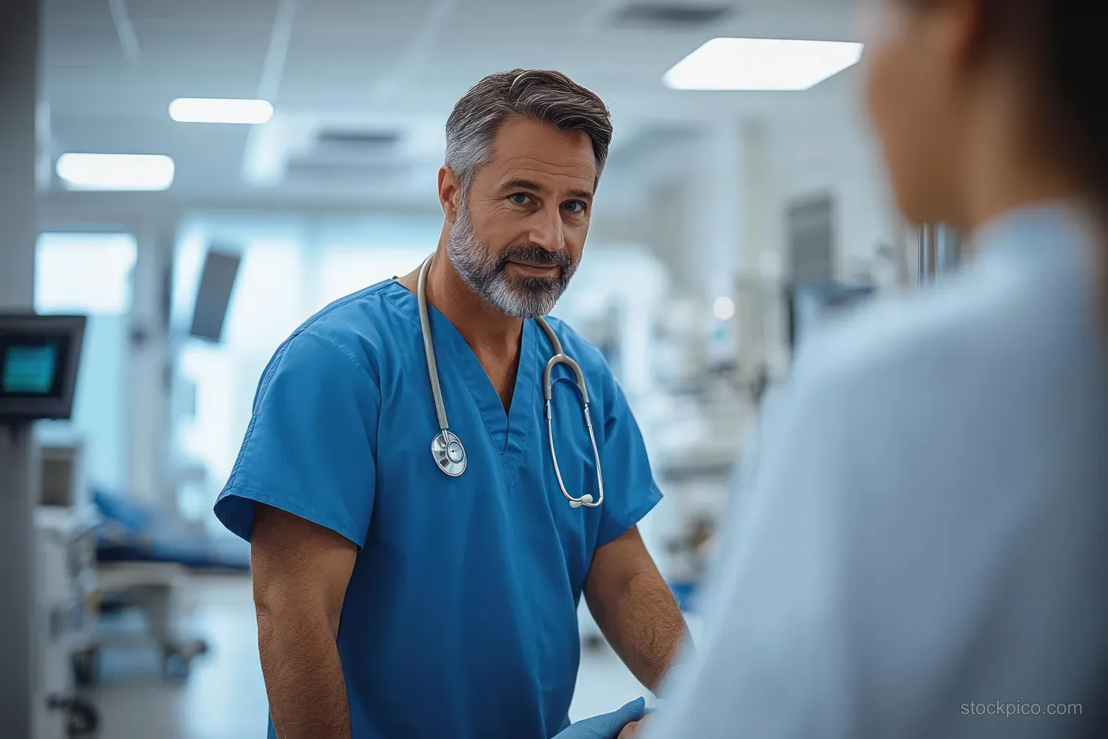 A doctor talks with an overweight patient in a hospital emergency room while viewing medical monitors in the background.