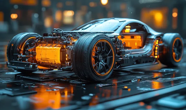 Cutaway electric car chassis illustration showing battery pack and motor drivetrain components on a technical base.