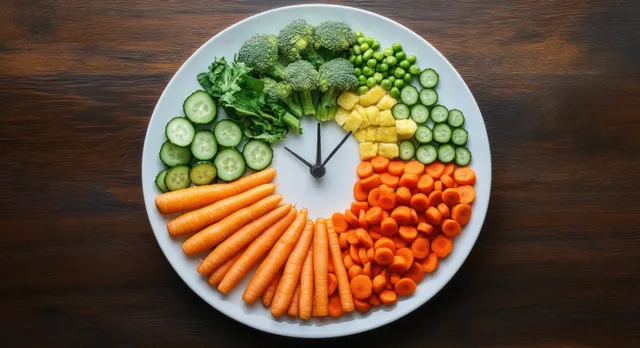 A white plate on a wooden table shows vegetables arranged like a clock face with a small black hand.
