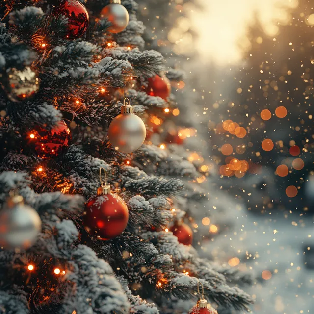 Snowy Christmas tree branches with glowing red and white ornaments and warm fairy lights amid falling snow.