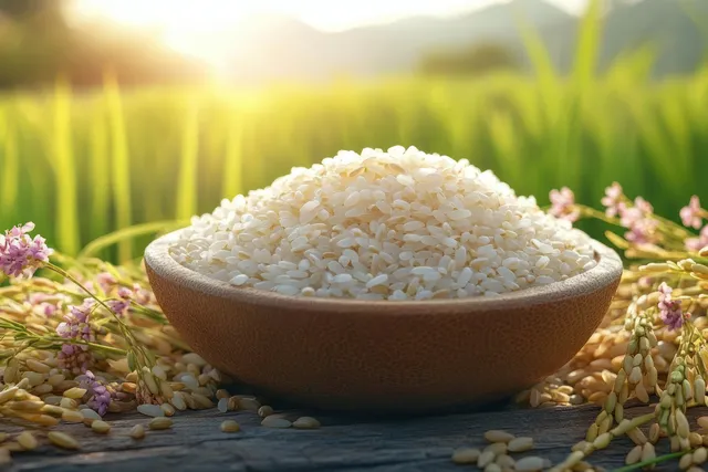 Wooden bowl of white rice under golden sunlight with green paddy fields and scattered grains in the background.