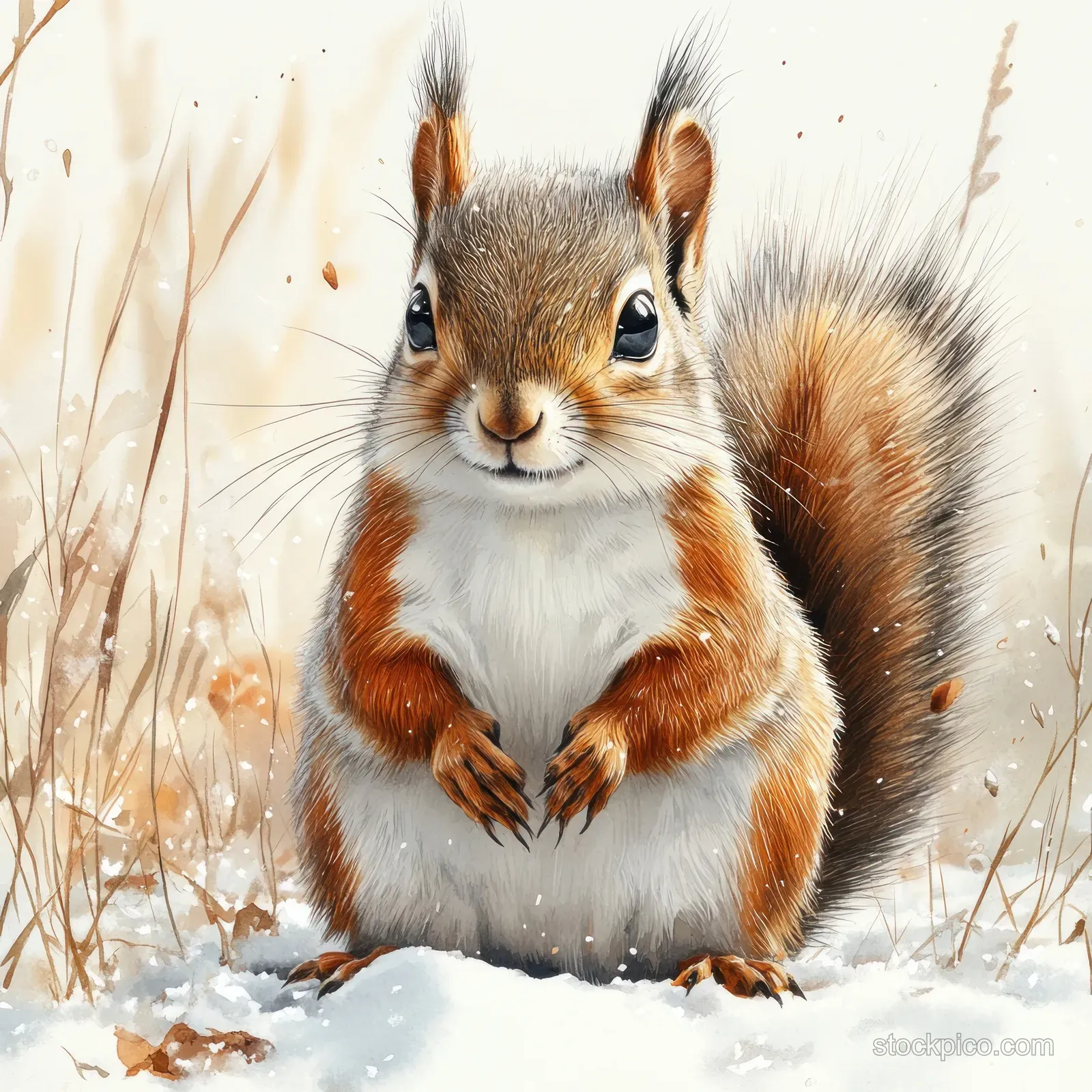 Watercolor squirrel kneeling in snow with warm orange fur and winter grasses behind it.
