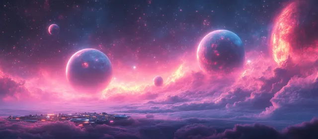 宇宙星云投影下的霓虹 DJ 台和舞台，欢呼的人群在紫色灯光中起舞。