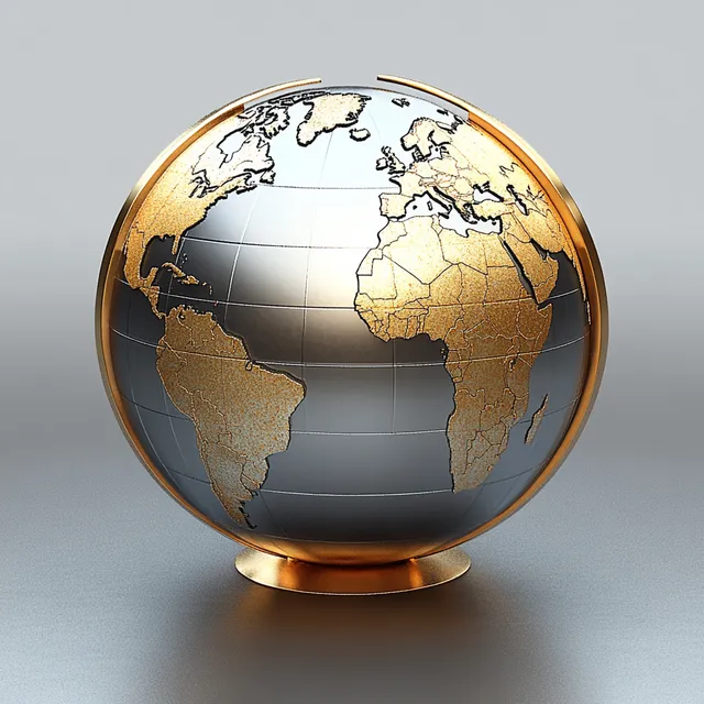 Glossy metallic globe with gold continents and silver oceans on a reflective minimalist base