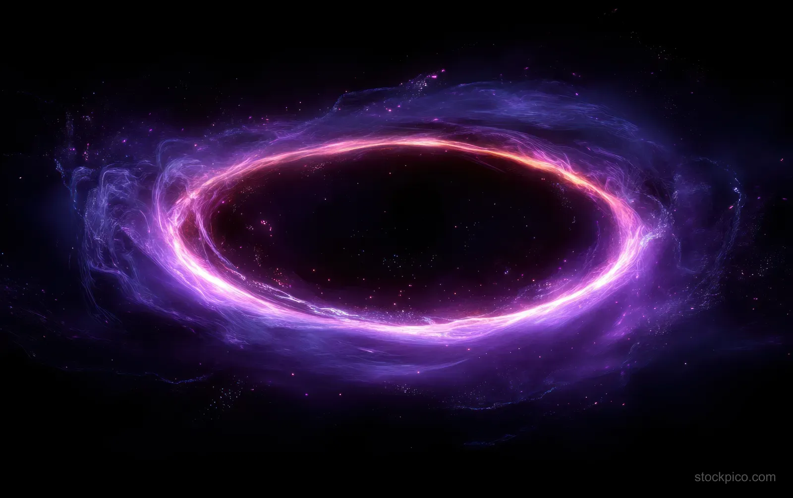 A purple and pink glowing energy ring swirls in dark space with scattered cosmic dust and light trails.