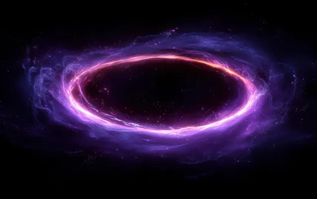 A purple and pink glowing energy ring swirls in dark space with scattered cosmic dust and light trails.