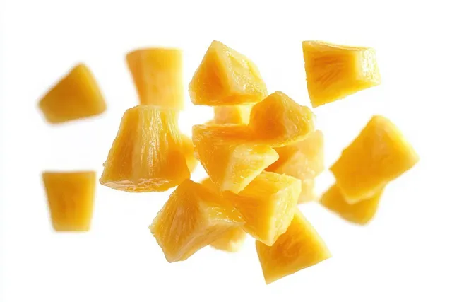 Juicy pineapple chunks float as bright yellow cubes against a clean white background.