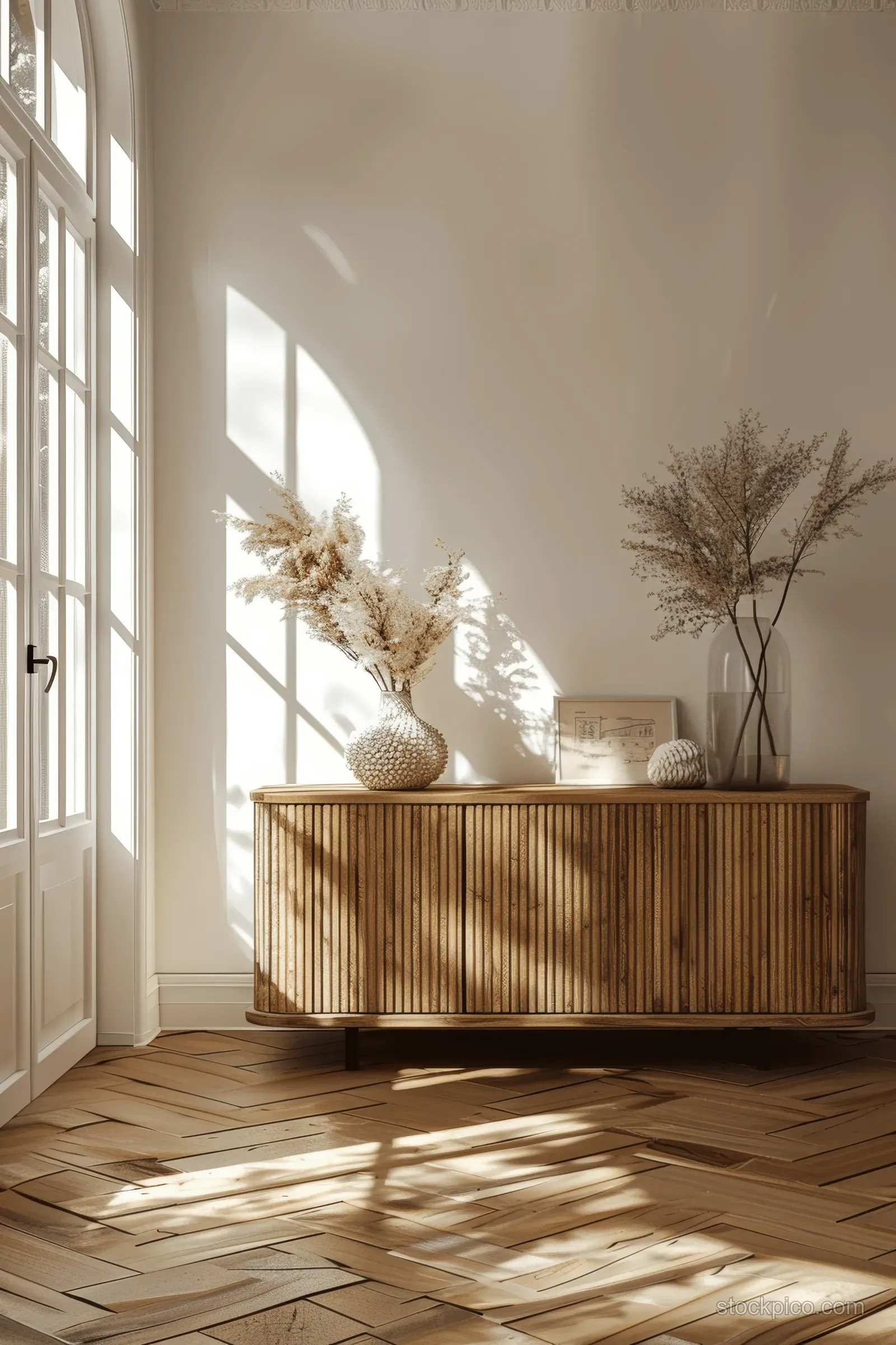 A minimalist wooden sideboard sits beside large windows, with sunlight casting soft shadows on the parquet floor.