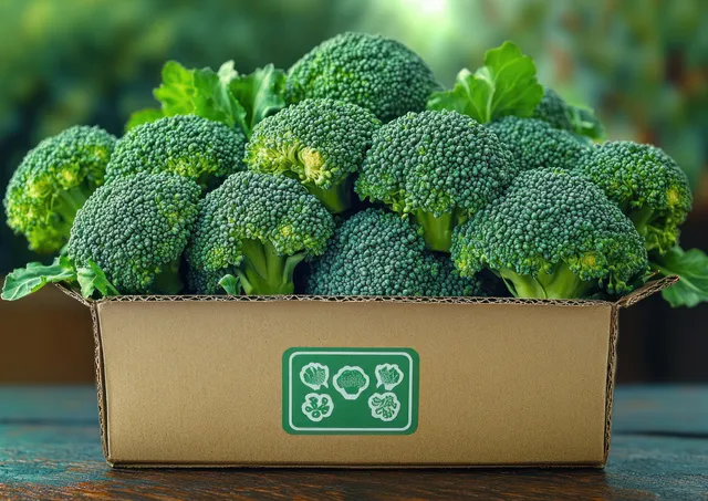Fresh green broccoli heads and leafy tops packed tightly inside a brown cardboard box.
