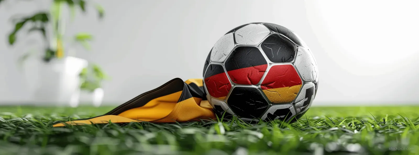 German-flag soccer ball resting on grass with folded fabric flag pieces nearby.