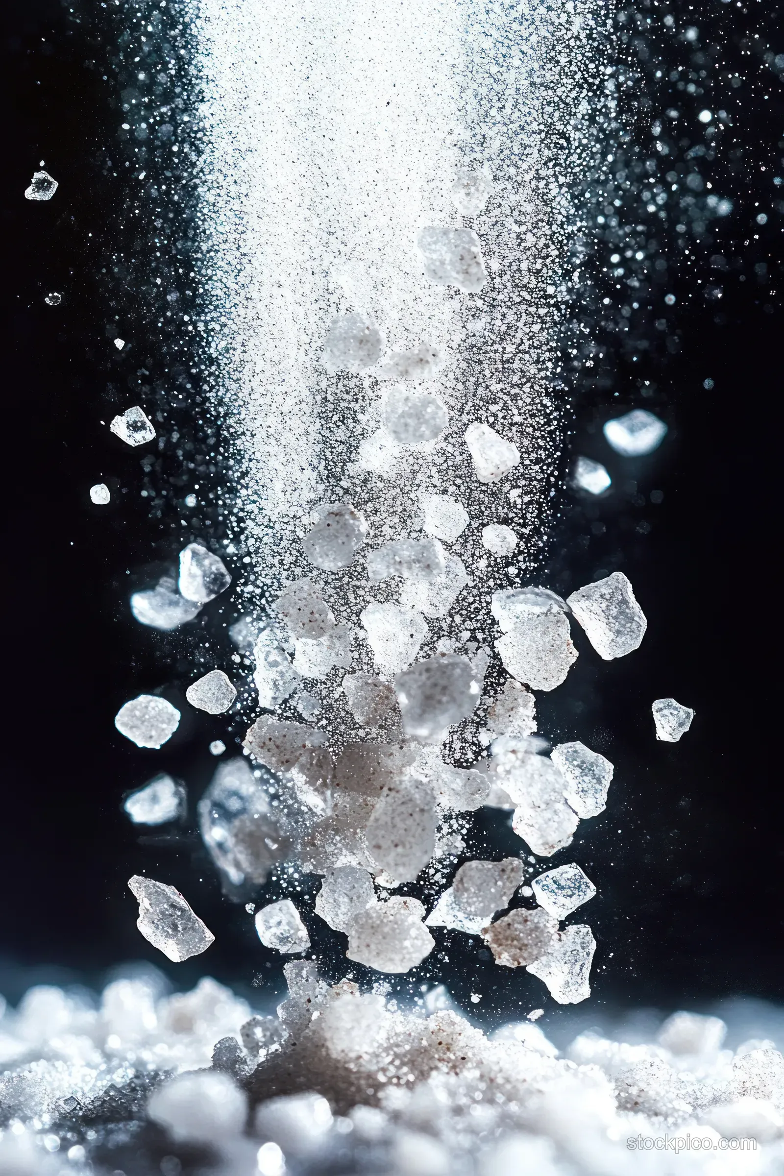 Coarse salt crystals and fine grains cascade downward against a dark background in a macro close-up.