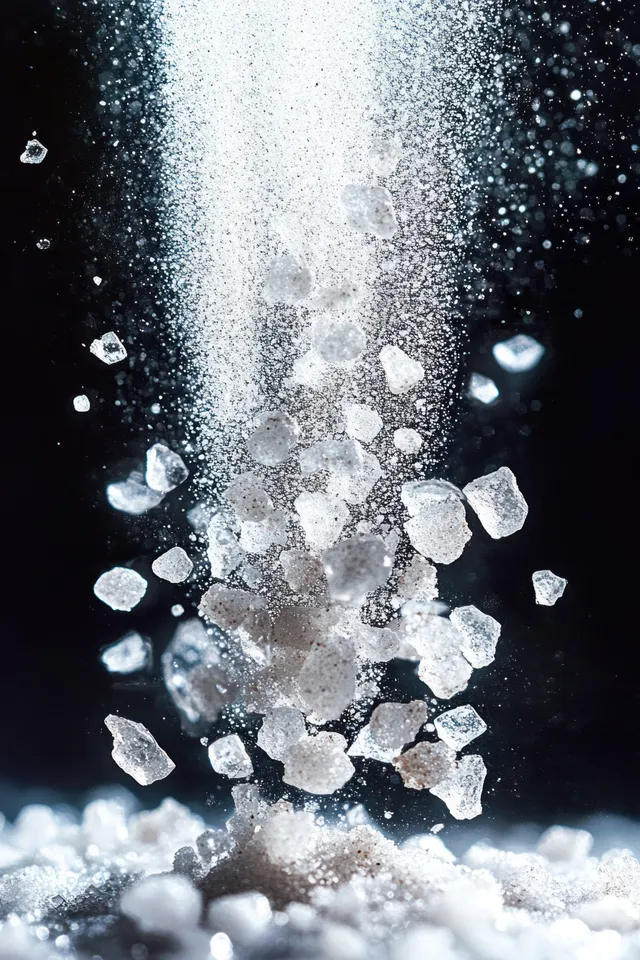 Coarse salt crystals and fine grains cascade downward against a dark background in a macro close-up.