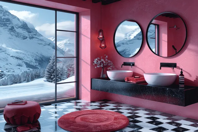 Minimalist pink and black bathroom with double sinks, round mirrors, terrazzo patterned floor, and snowy mountain view through large windows.