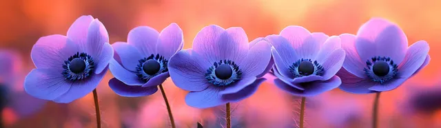 Five purple anemone flowers with dark centers in focus against a soft warm orange and pink blurred background.