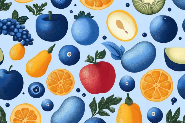 Seamless fruit pattern with blue berries, oranges, pears, and tomatoes on light background