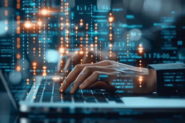 A person’s hands type on a laptop while glowing cybersecurity code and network shield visuals float behind.