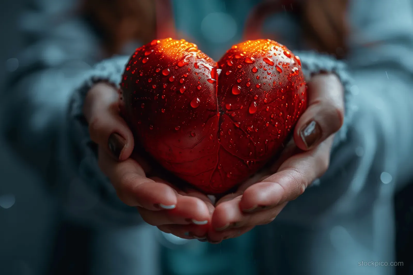 A doctor holds a glowing holographic heart with bright vein patterns against a medical background.
