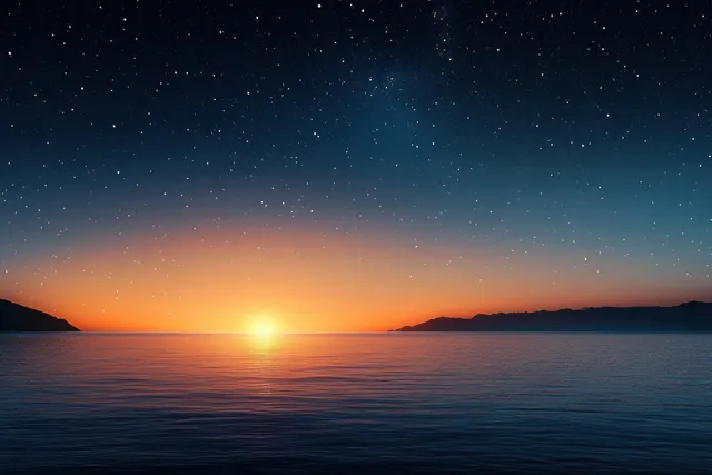 Twilight ocean horizon with bright moonlight and star-filled sky above calm waves