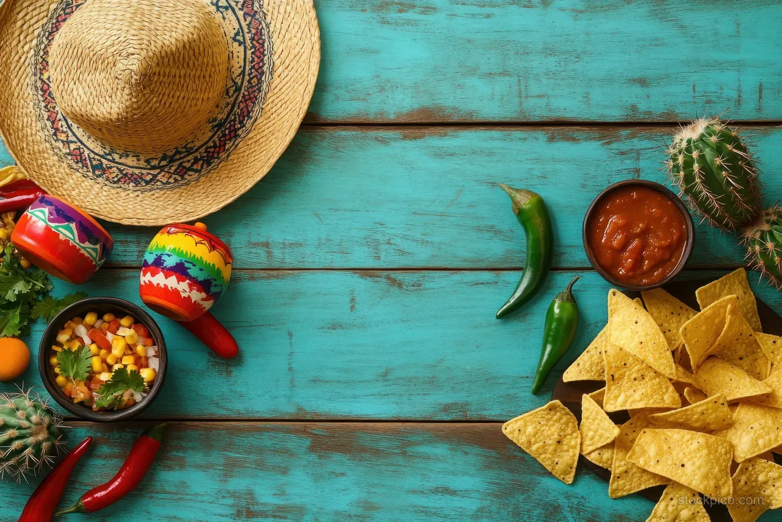 Overhead Cinco de Mayo flat lay with nachos, chili peppers, sombrero, maracas, and cactus on turquoise wooden planks.