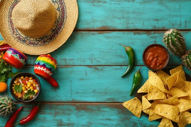 Overhead Cinco de Mayo flat lay with nachos, chili peppers, sombrero, maracas, and cactus on turquoise wooden planks.