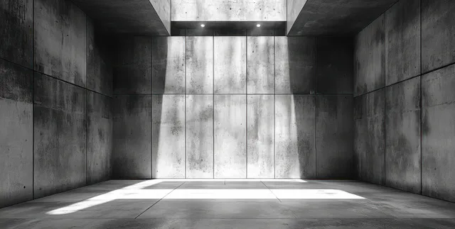 Empty concrete bunker room in black and white with a bright opening and deep shadows on rough walls.