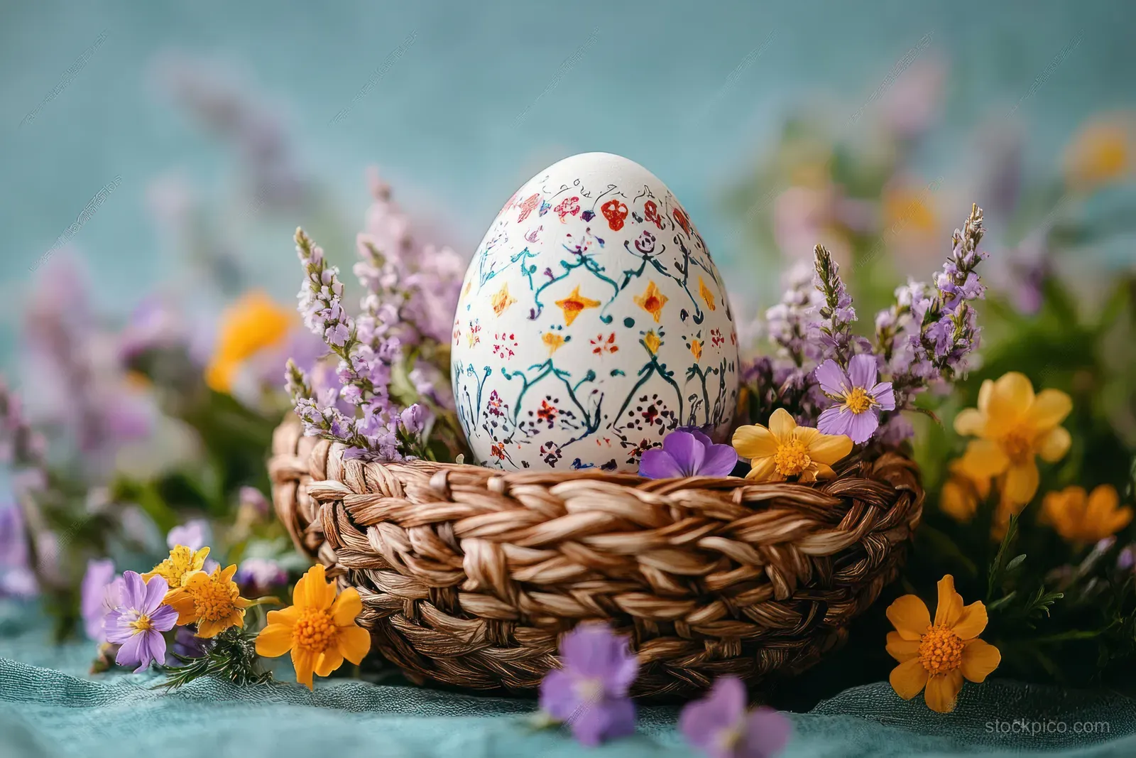 A colorful decorated Easter egg in a woven basket surrounded by spring flowers on a soft blue background.