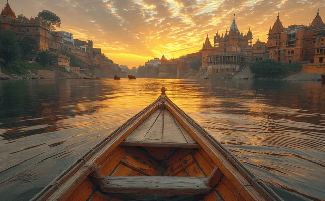 Sunset over the Ganga River at Manikarnika Ghat, showcasing wooden boats and ancient architecture in a serene atmosphere.