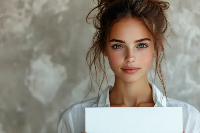 Smiling young businesswoman holding a blank canvas in a minimal office portrait