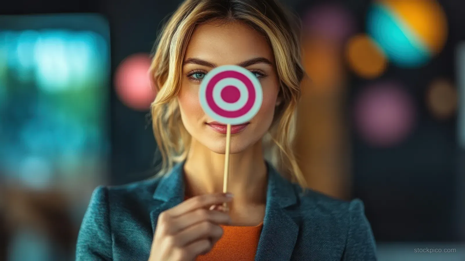 Businesswoman holding a stick with a target icon while standing in a modern office with blurred screens behind her.