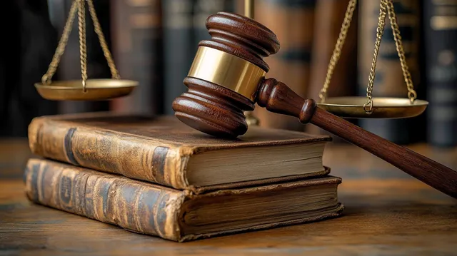 Wooden judge gavel rests on law books beside a brass balance scale
