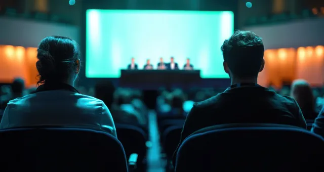 Audience members watch a panel of speakers on a stage during a business seminar presentation.