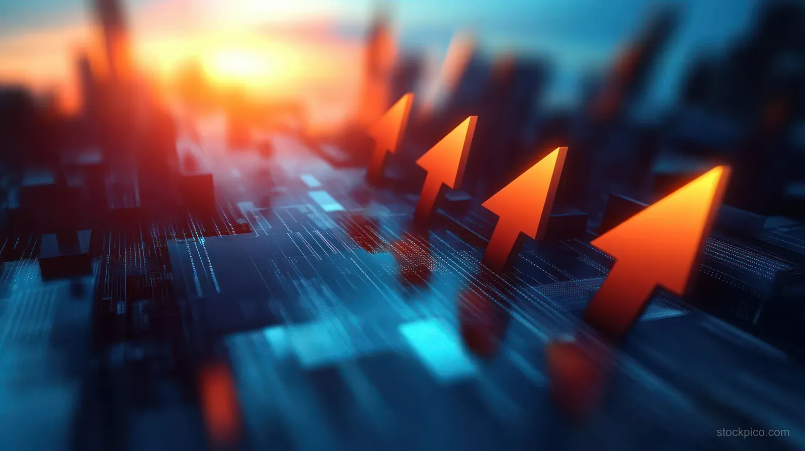 Neon futuristic city view with glowing upward arrow overlays rising into a blurred skyline.