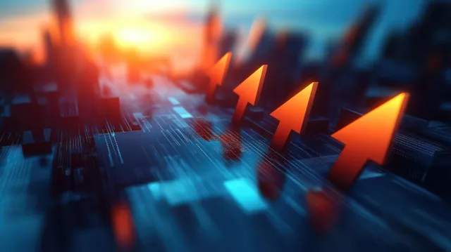 Neon futuristic city view with glowing upward arrow overlays rising into a blurred skyline.