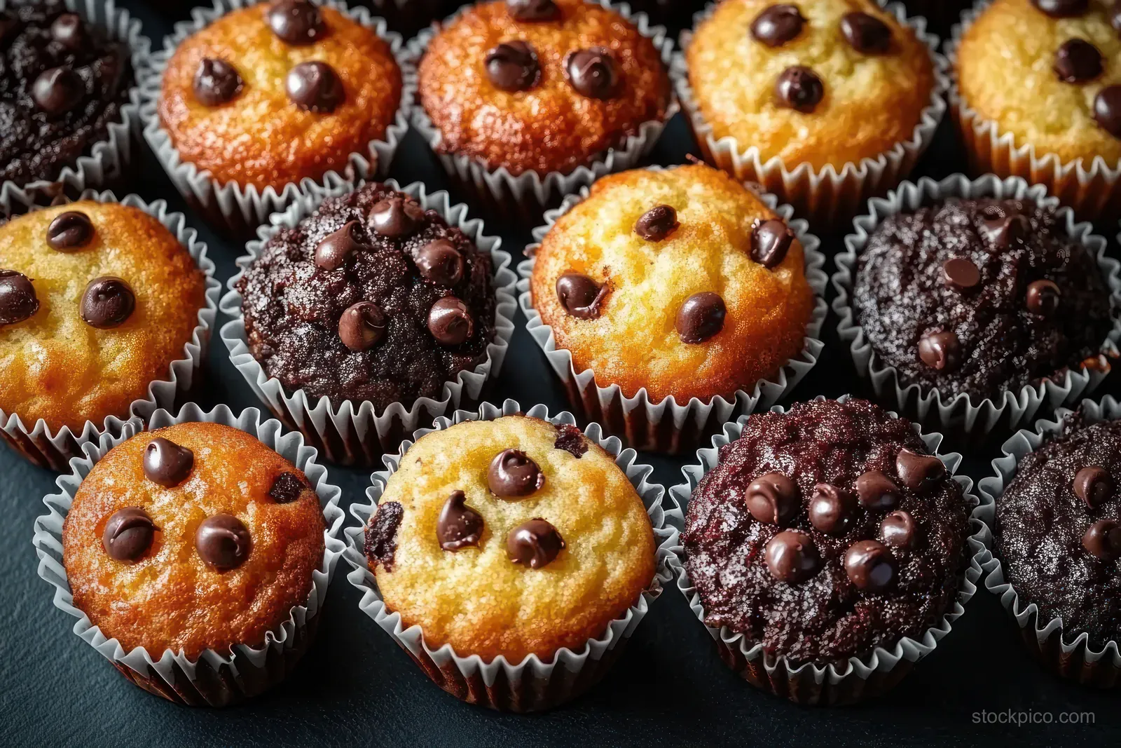 Freshly baked vanilla and chocolate chip muffins are neatly arranged in paper liners against a dark background.