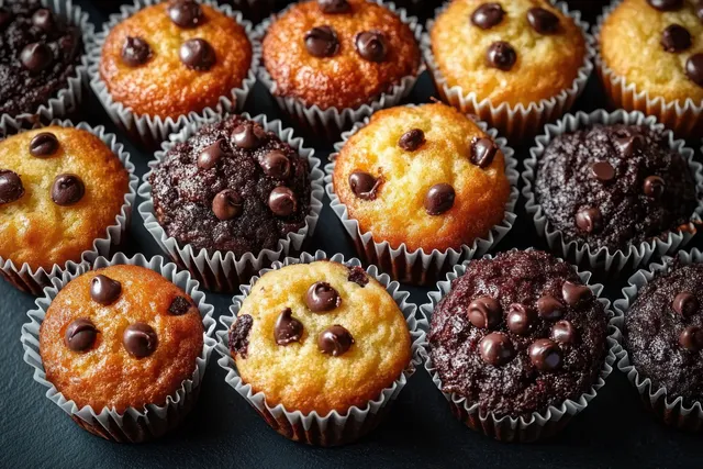 Freshly baked vanilla and chocolate chip muffins are neatly arranged in paper liners against a dark background.