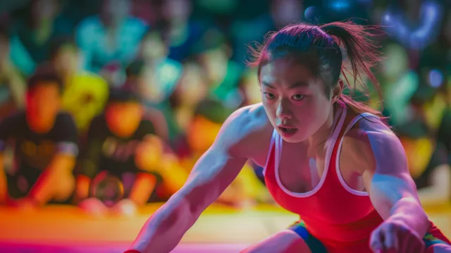 A Chinese women’s freestyle wrestler in a red singlet drives into a takedown while the crowd blurs behind her.