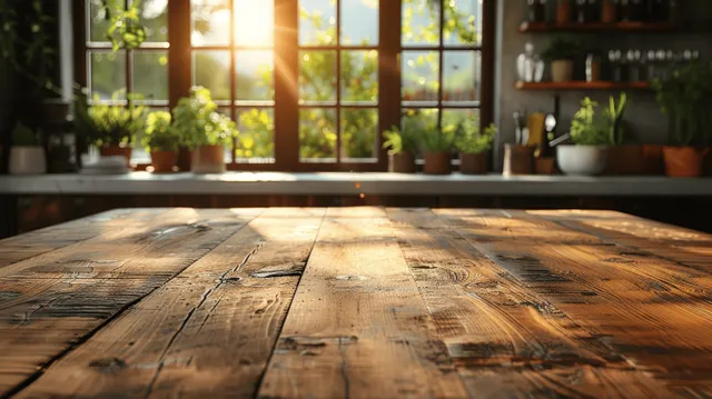 Empty wooden table in sunlit modern kitchen interior, window light and clear tabletop space