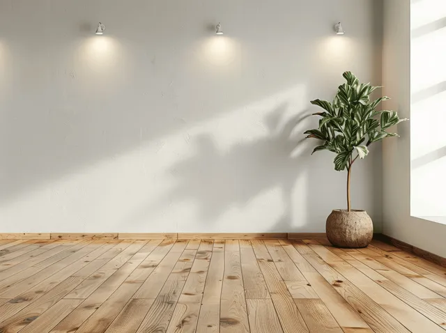 Minimal interior with wooden parquet flooring, empty white wall, and a potted plant beside a window.