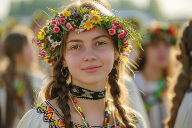 Outdoors, a person wearing a flower wreath and traditional Swedish-style outfit with braided hair and necklaces faces the camera.