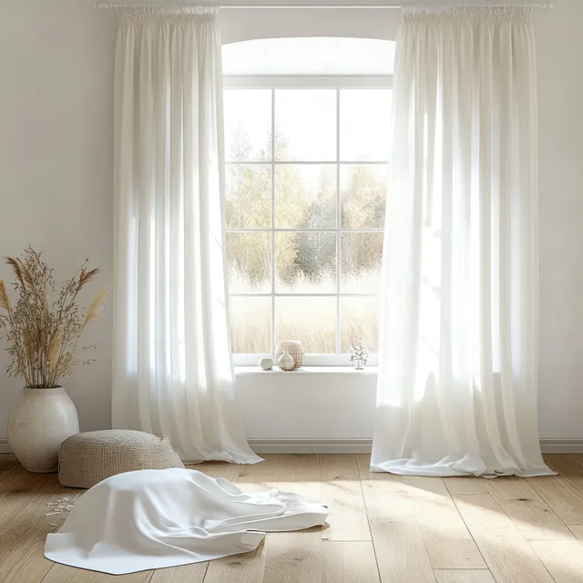 Sunlit Scandinavian child room with white curtains framing a window and wooden floor calm