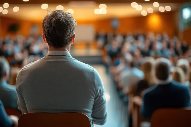 Grey-haired man prepares to speak from the back row in a conference room