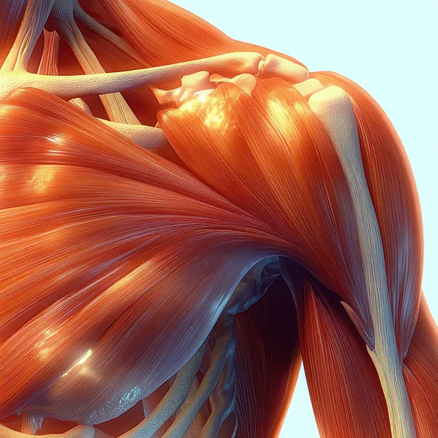 3D anatomical render of human shoulder joint showing triceps muscles and humerus